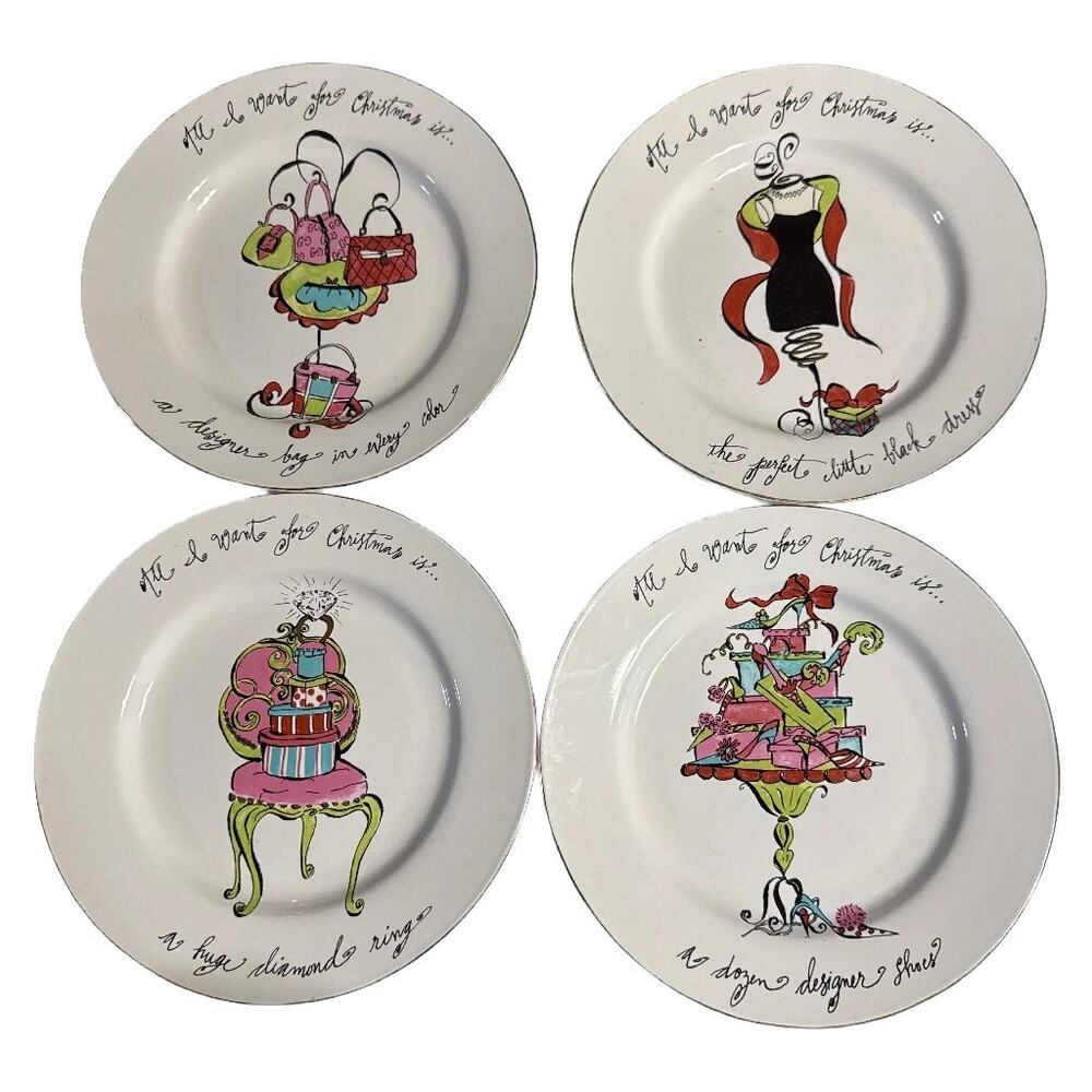 Rosanna Christmas Dessert Plates Set 4 Whimsical Holiday Sayings  8" in diameter